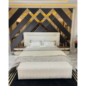 Classic Elegance White Leather-Rite Bed with Geometric Backdrop - Image 1