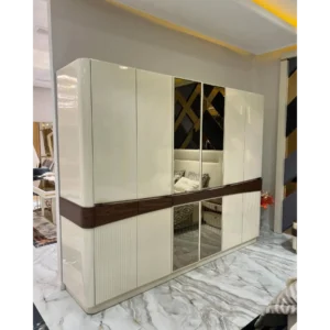 Classic Elegance White Leather-Rite Bed with Geometric Backdrop - Image 4