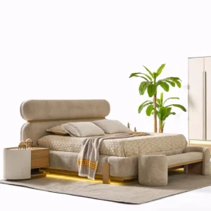 Terra Soft-Curve Beige Velvet Bed with Oak Accents - Image 1