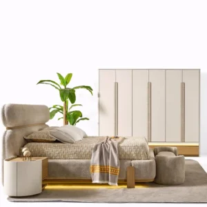 Terra Soft-Curve Beige Velvet Bed with Oak Accents - Image 2