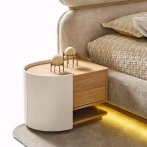 Terra Soft-Curve Beige Velvet Bed with Oak Accents - Image 3