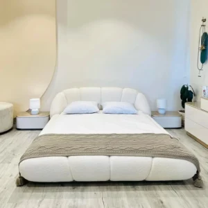 Serene Cloud White Boucle Low-Profile Bed - Image 1