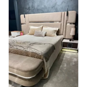 Royal Turkish Beige Velvet Grand Bed - Image 3