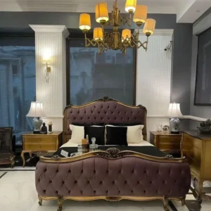 Luxury Baroque Style Deep Purple Tufted Velvet Bed with Gold Accents - Image 1