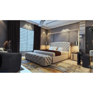 Grand Tufted Leather-Rite Luxury Bed with Abstract Rug Accent - Image 1