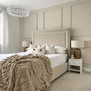 Royal Beige Velvet Inset Bed with Tall Classic Paneling - Image 1