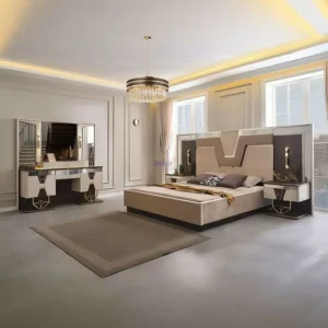 Grand Turkish Deco Fabric Bed with Architectural Headboard & Mirrored Accents - Image 1