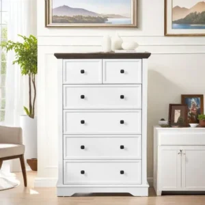 Classic White 6-Drawer Tallboy Chest with Dark Brown Wood Top - Image 1