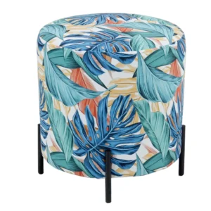 Tropical Botanical Print Round Pouffe with Black Metal Legs - Image 1