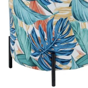 Tropical Botanical Print Round Pouffe with Black Metal Legs - Image 3