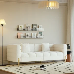 Contemporary White Boucle Sofa with Designer Gold Stiletto Legs – Channeled Design - Image 1