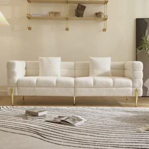Contemporary White Boucle Sofa with Designer Gold Stiletto Legs – Channeled Design - Image 3