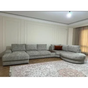 Textured Jute Grey Sectiol with Built-in Wooden Console Armrest - Image 1