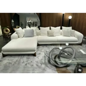 Sophisticated Leather Rite L-Shape Sofa with Dark Brown Wood Trim - Image 1