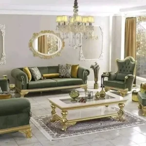 Royal Emerald Velvet Sofa with Gold Leaf Carvings - Image 1