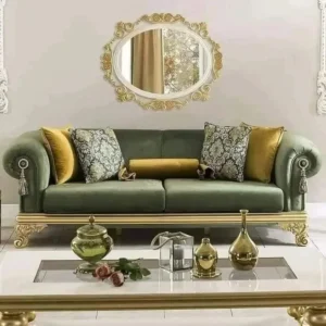 Royal Emerald Velvet Sofa with Gold Leaf Carvings - Image 2