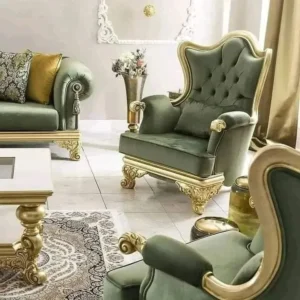 Royal Emerald Velvet Sofa with Gold Leaf Carvings - Image 3