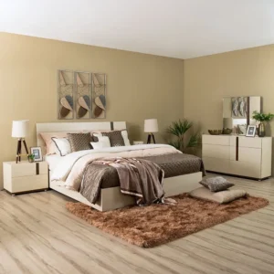 Minimalist Lamited Cream and Wood Grain Bedroom Suite with Textured Decor - Image 1
