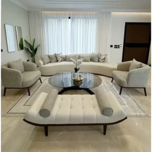 Minimalist Crescent Grey Sofa with Dark Wood Base - Image 1