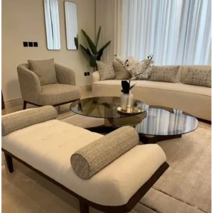 Minimalist Crescent Grey Sofa with Dark Wood Base - Image 2