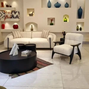 Ivory Boucle Horizon Modern Sofa and sculptural accent chair - Image 1