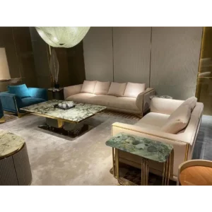 Sandstone Velvet Serenity Sofa with Marble Surface Accents - Image 1