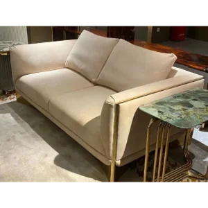 Sandstone Velvet Serenity Sofa with Marble Surface Accents - Image 3