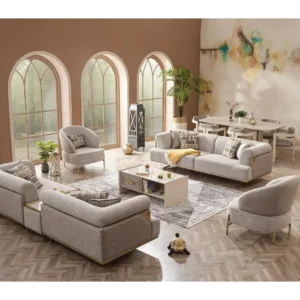 Sahara Beige Modern Boucle Sofa with Recessed Gold Base - Image 1