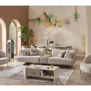 Sahara Beige Modern Boucle Sofa with Recessed Gold Base - Image 2