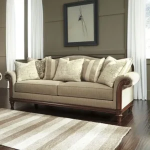 Elegant Classic Grey Fabric Wooden Sofa with Hand-Carved Polish Detail - Image 1