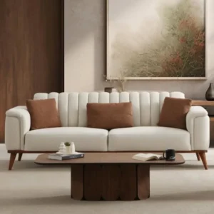 Nordic Zen Ribbed White Sofa with Oak Accents - Image 2