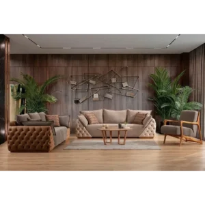 Heritage Haven Tufted Beige Sofa with Walnut Trim - Image 1