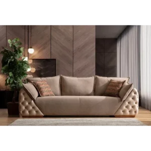 Heritage Haven Tufted Beige Sofa with Walnut Trim - Image 2