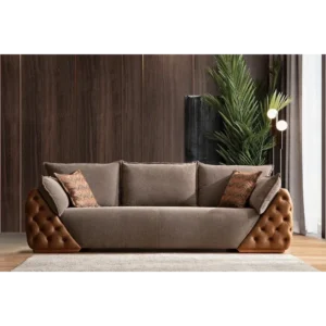 Heritage Haven Tufted Beige Sofa with Walnut Trim - Image 4
