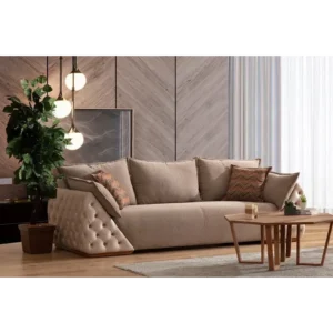 Heritage Haven Tufted Beige Sofa with Walnut Trim - Image 6