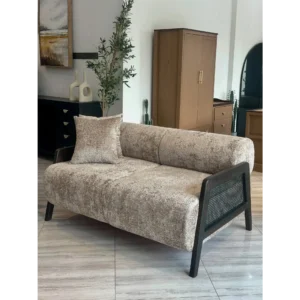 Heritage Grey Velvet & Cane Wooden Sofa - Image 2