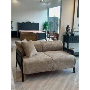 Heritage Grey Velvet & Cane Wooden Sofa - Image 3