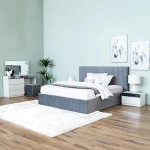 Elegant Grey Velvet Vertical Slat Bed with Matching Vanity Set – Modern Bedroom Suite - Image 1