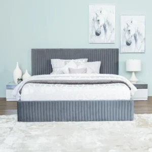 Elegant Grey Velvet Vertical Slat Bed with Matching Vanity Set – Modern Bedroom Suite - Image 2