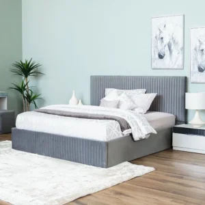 Elegant Grey Velvet Vertical Slat Bed with Matching Vanity Set – Modern Bedroom Suite - Image 3