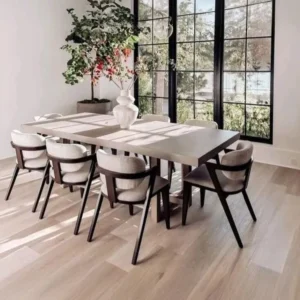 Contemporary Minimalist Dining Table Set with Grey Jute Upholstered Chairs - Image 1