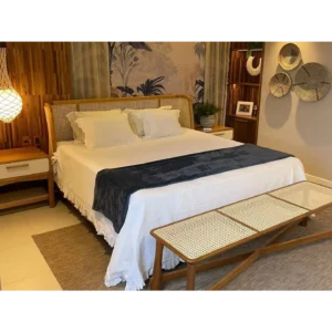 Tropical Rattan Inset Modern Oak Bed - Image 1