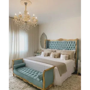 Sky Teal Tufted Polish Bed with Scalloped Gold Frame - Image 1