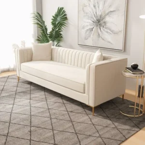 Elegant Turkish White Velvet Sofa with Square Channel Stitching & Gold Tapered Legs - Image 3