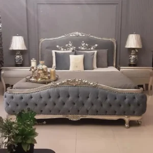 Royal Grey Velvet Bed with Silver Floral Embroidery - Image 1