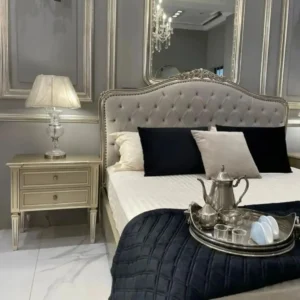 Platinum Grey Tufted Velvet Bed with Gold Trim - Image 1