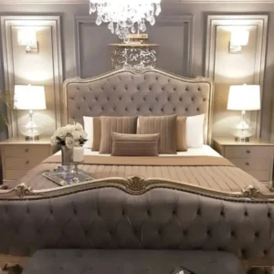Royal Grandeur Grey Velvet Tufted Bed with Gold Trim - Image 1