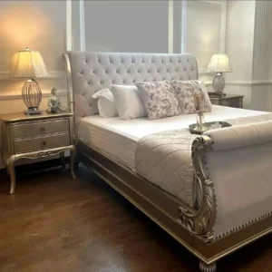 Vintage Sleigh Style Grey Velvet Bed with Silver Scrollwork - Image 1