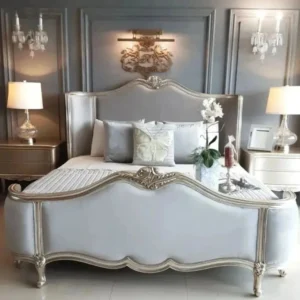 Majestic Crown Grey Velvet Bed with Orte Silver Crest - Image 1