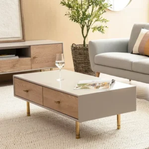 Scandi-Modern Two-Tone Coffee Table with tural Wood Drawers & Gold Legs - Image 1